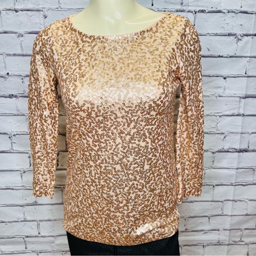 J Crew Sequined 3/4 Sleeve Boat Neck Top Gold Sequins